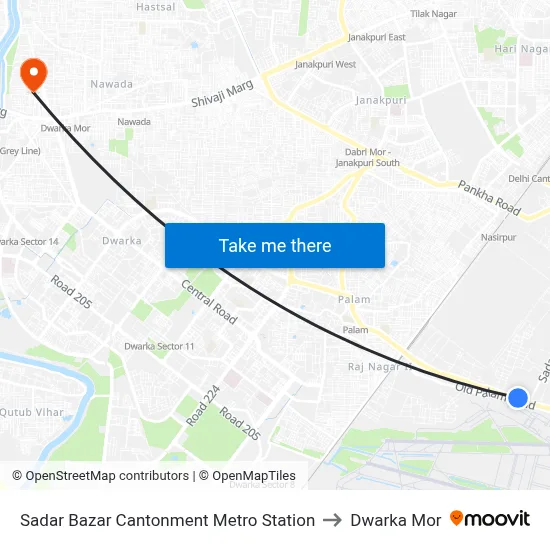 Sadar Bazar Cantonment Metro Station to Dwarka Mor map