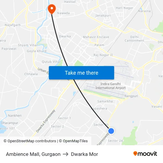 Ambience Mall, Gurgaon to Dwarka Mor map
