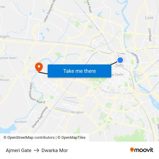 Ajmeri Gate to Dwarka Mor map