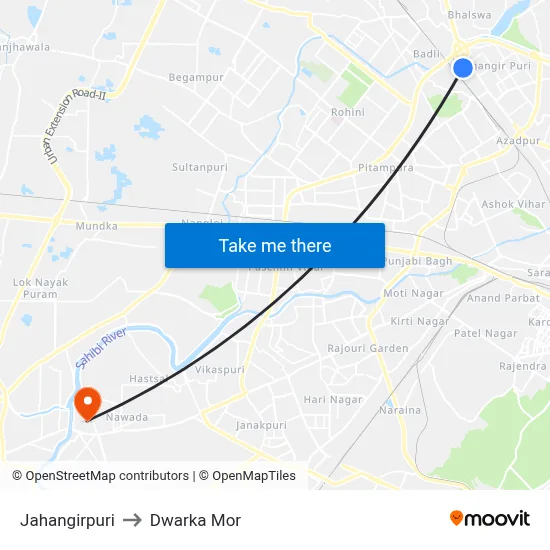 Jahangirpuri to Dwarka Mor map