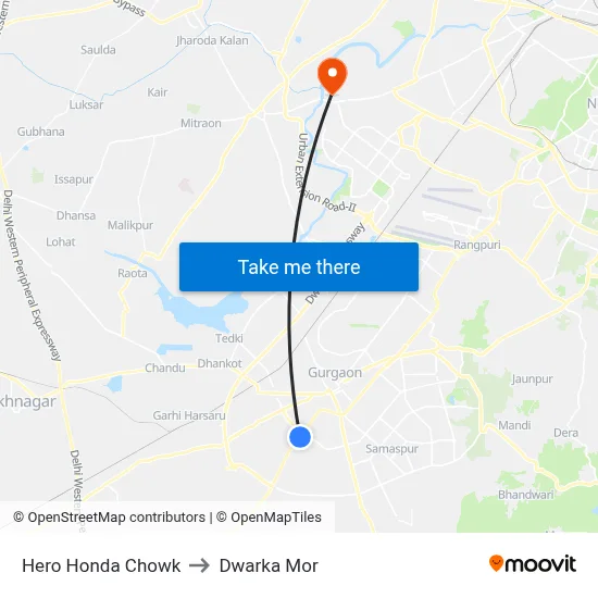 Hero Honda Chowk to Dwarka Mor map