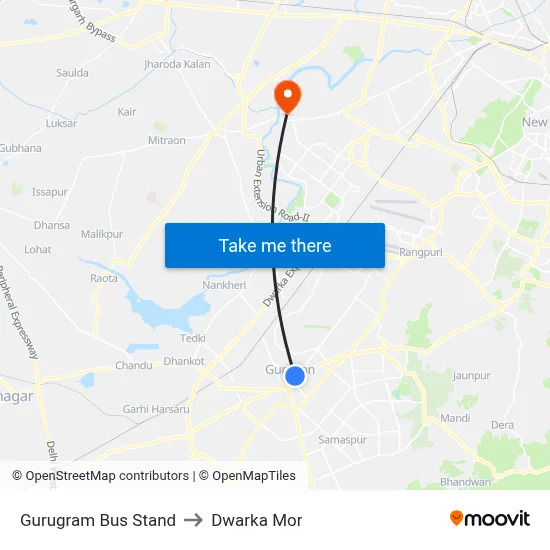 Gurugram Bus Stand to Dwarka Mor map