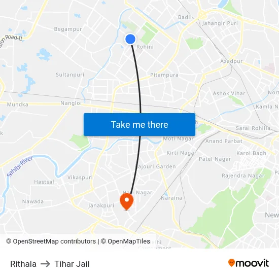 Rithala to Tihar Jail map