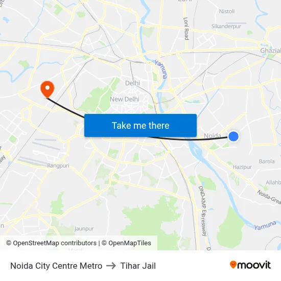 Noida City Centre Metro to Tihar Jail map