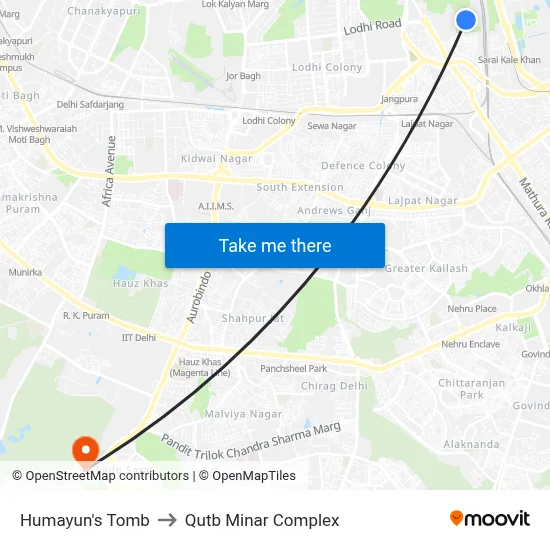 Humayun's Tomb to Qutb Minar Complex map