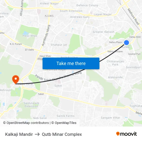 Kalkaji Mandir to Qutb Minar Complex map