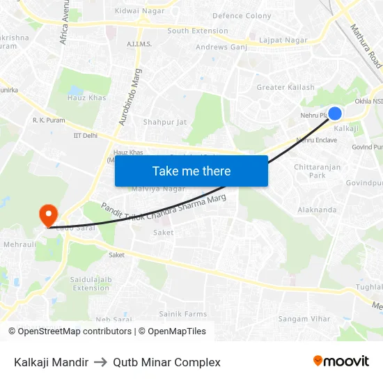 Kalkaji Mandir to Qutb Minar Complex map