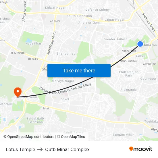 Lotus Temple to Qutb Minar Complex map