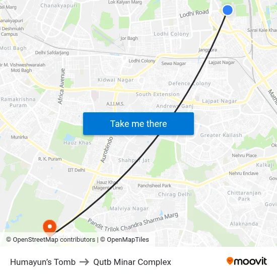 Humayun’s Tomb to Qutb Minar Complex map