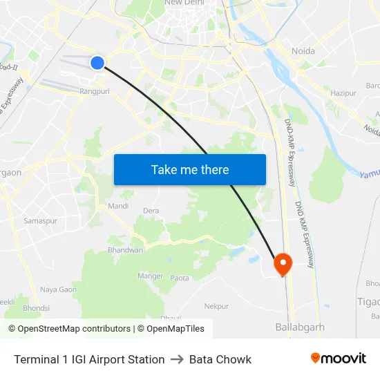 Terminal 1 IGI Airport Station to बाटा चौक map