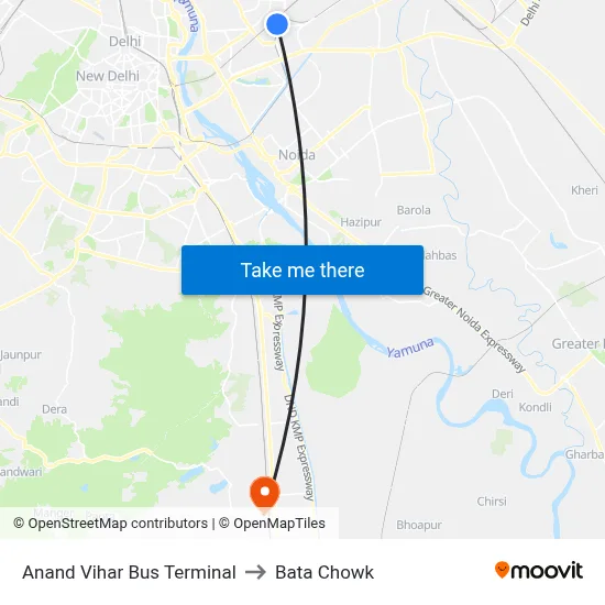 आनंद विहार बस टर्मिनल to बाटा चौक map
