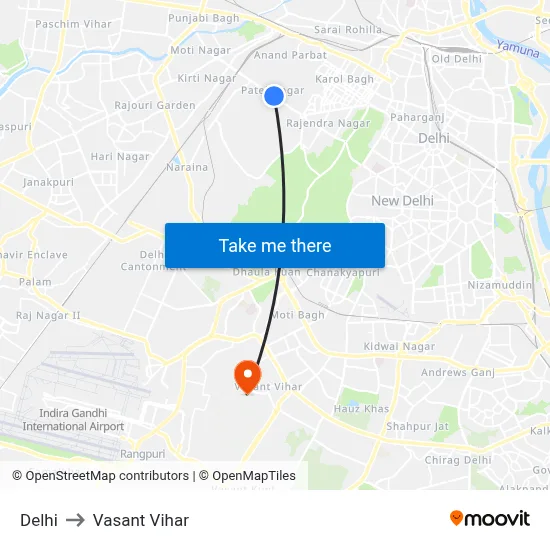 Delhi to Vasant Vihar map