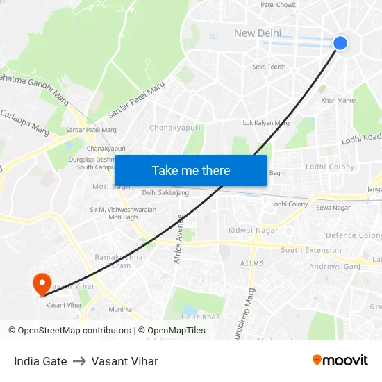 India Gate to Vasant Vihar map