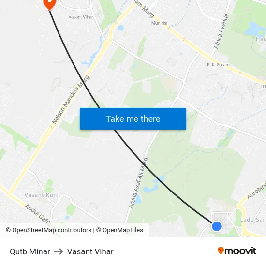 Qutb Minar to Vasant Vihar map