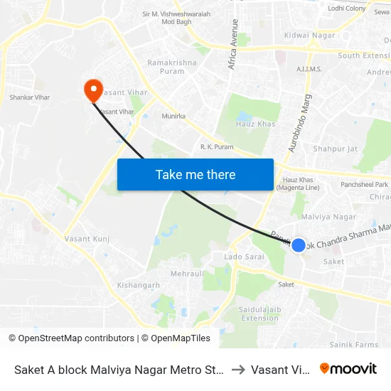Saket A block Malviya Nagar Metro Station to Vasant Vihar map