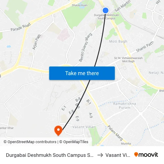Durgabai Deshmukh South Campus Station to Vasant Vihar map