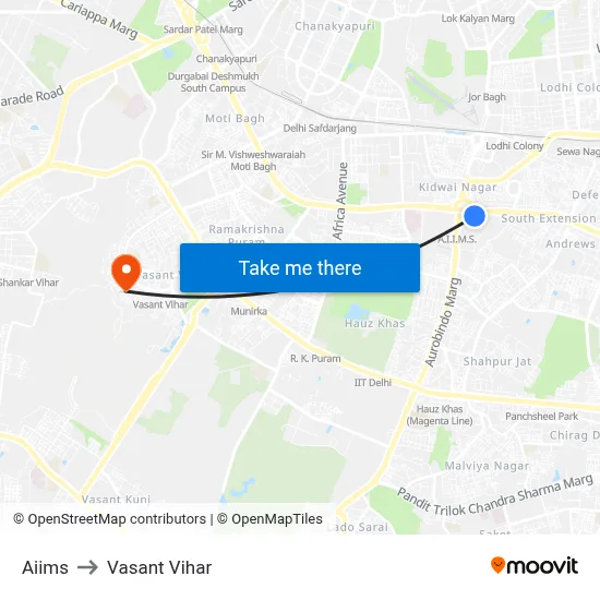 Aiims to Vasant Vihar map