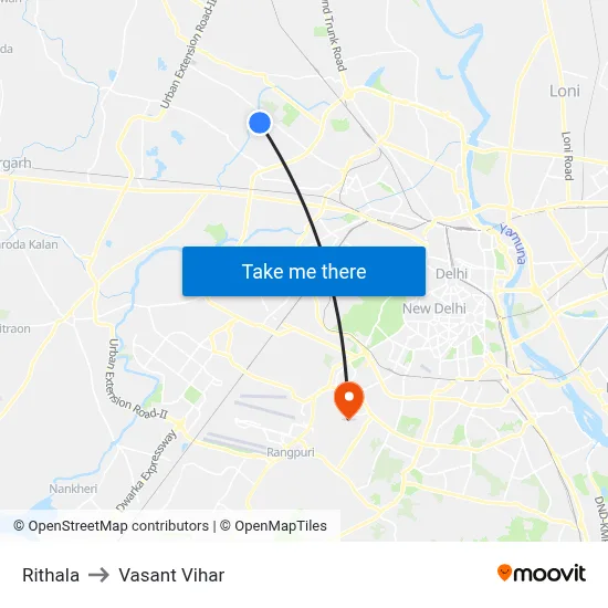 Rithala to Vasant Vihar map