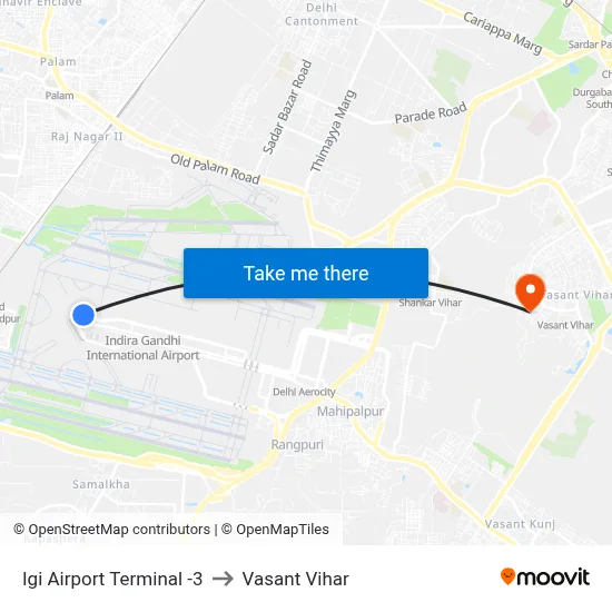 Igi Airport Terminal -3 to Vasant Vihar map