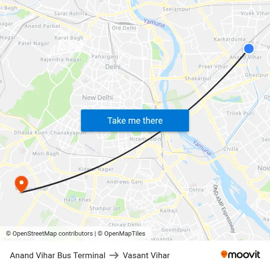 Anand Vihar Bus Terminal to Vasant Vihar map