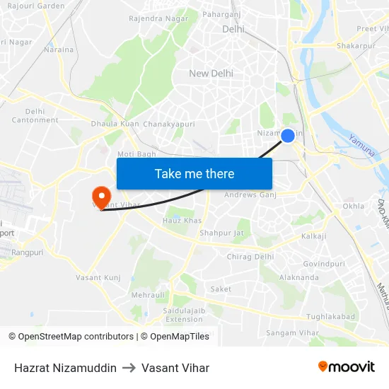Hazrat Nizamuddin to Vasant Vihar map