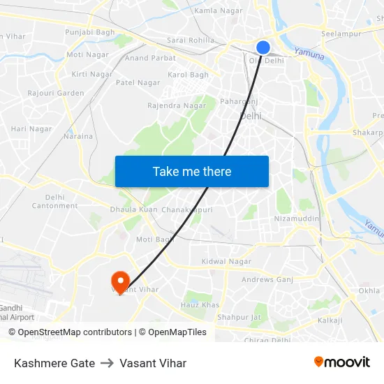 Kashmere Gate to Vasant Vihar map