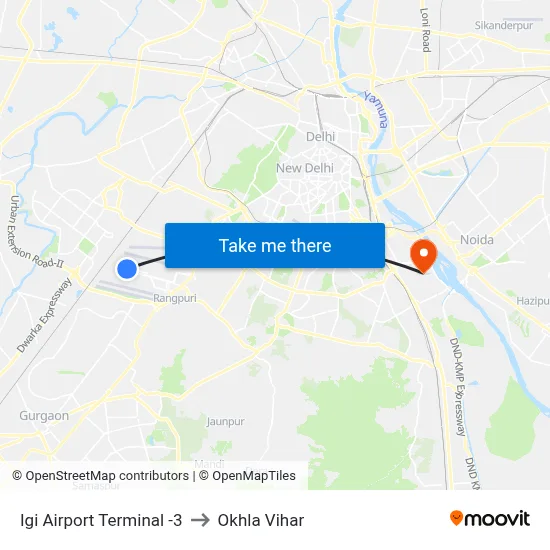 Igi Airport Terminal -3 to Okhla Vihar map