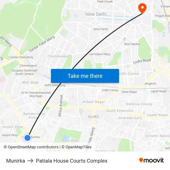 Munirka to Patiala House Courts Complex map