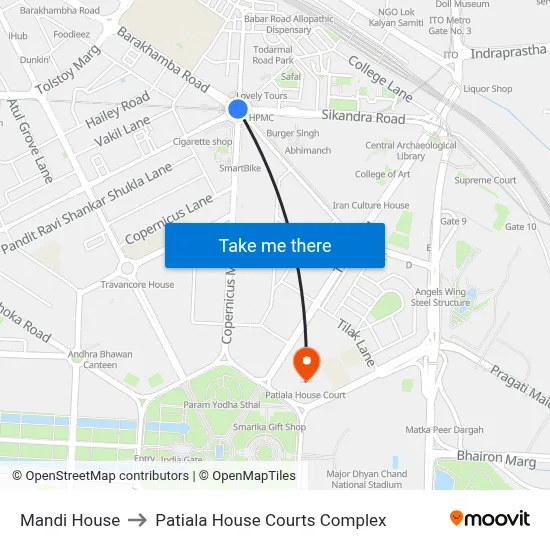 Mandi House to Patiala House Courts Complex map