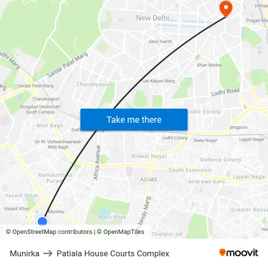 Munirka to Patiala House Courts Complex map