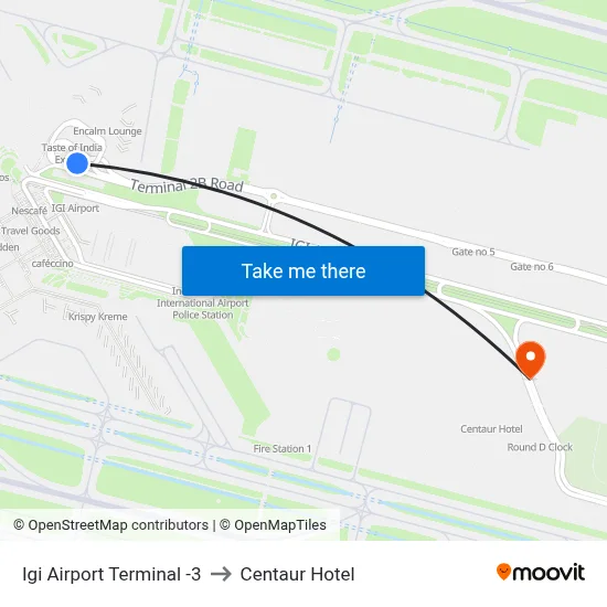 Igi Airport Terminal -3 to Centaur Hotel map