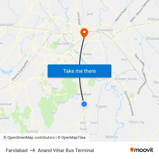 Faridabad to Anand Vihar Bus Terminal map