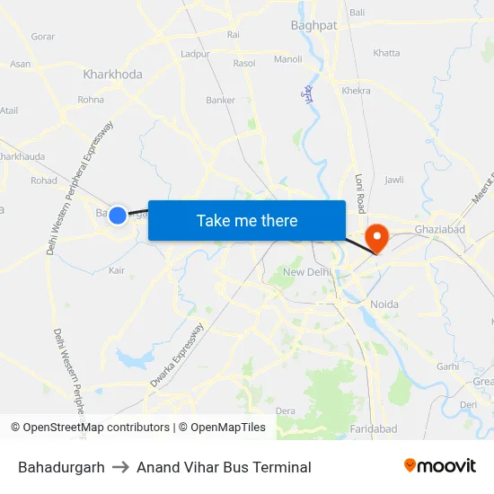 Bahadurgarh to Anand Vihar Bus Terminal map