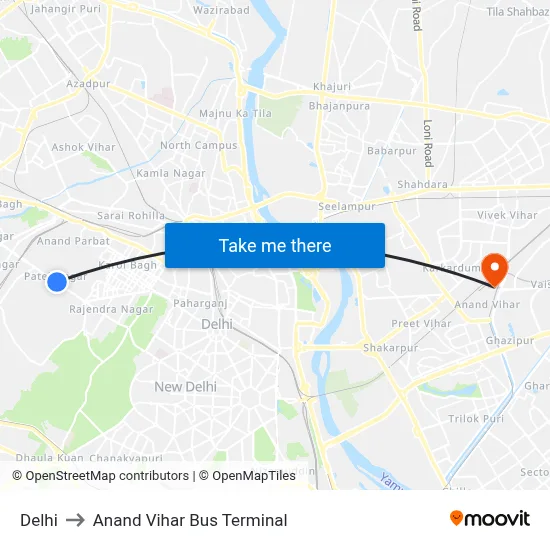 Delhi to Anand Vihar Bus Terminal map