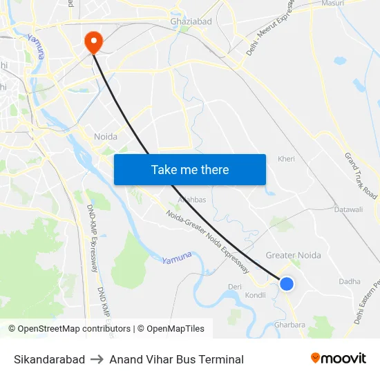 Sikandarabad to Anand Vihar Bus Terminal map