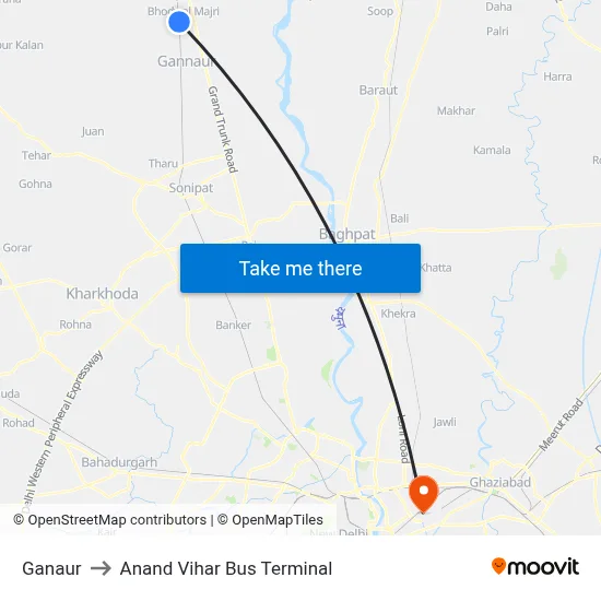 Ganaur to Anand Vihar Bus Terminal map