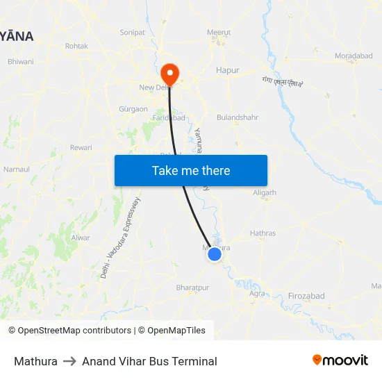Mathura to Anand Vihar Bus Terminal map