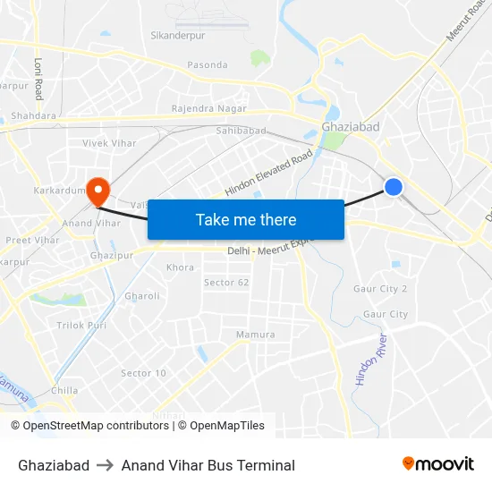Ghaziabad to Anand Vihar Bus Terminal map