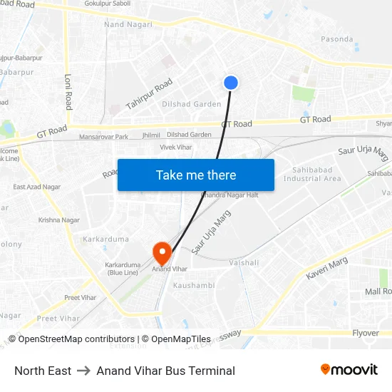 North East to Anand Vihar Bus Terminal map