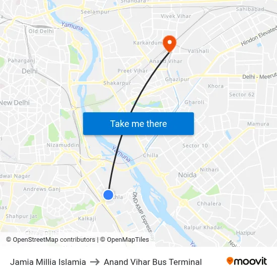 Jamia Millia Islamia to Anand Vihar Bus Terminal map