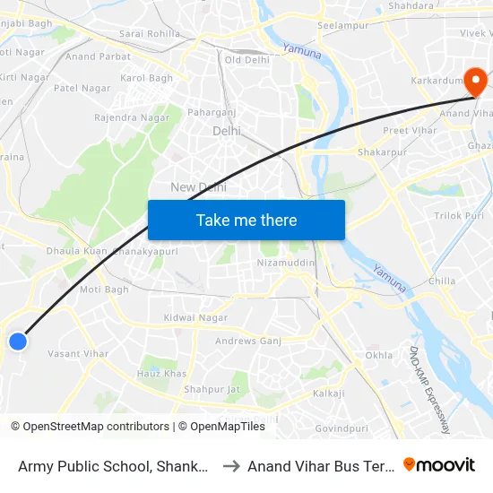 Army Public School, Shankar Vihar to Anand Vihar Bus Terminal map
