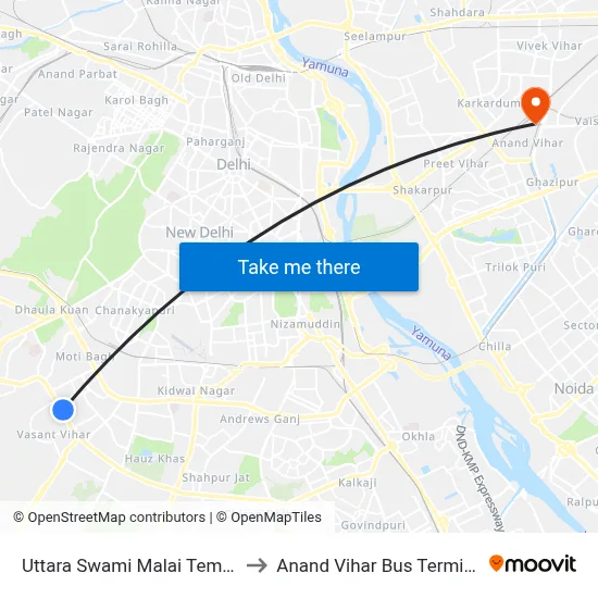 Uttara Swami Malai Temple to Anand Vihar Bus Terminal map