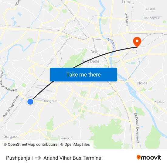 Pushpanjali to Anand Vihar Bus Terminal map