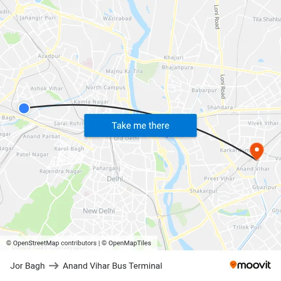 Jor Bagh to Anand Vihar Bus Terminal map