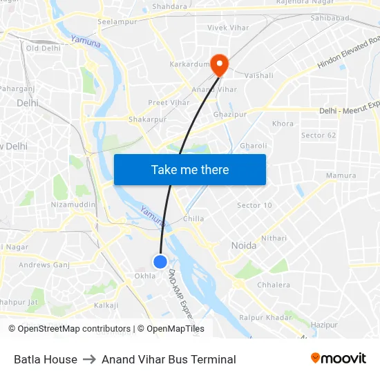 Batla House to Anand Vihar Bus Terminal map
