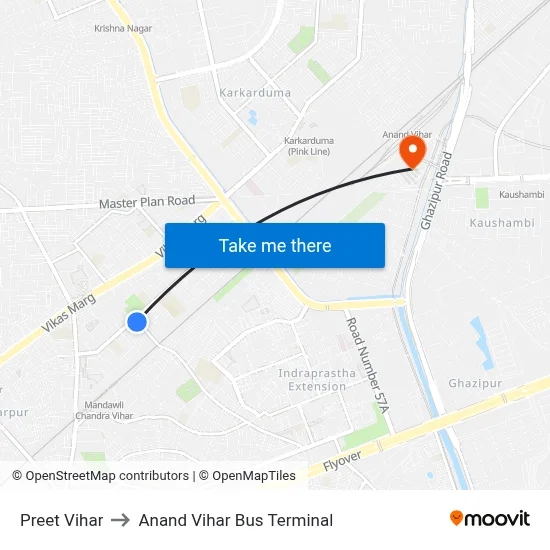Preet Vihar to Anand Vihar Bus Terminal map