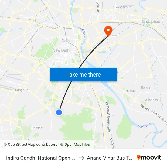 Indira Gandhi National Open University to Anand Vihar Bus Terminal map