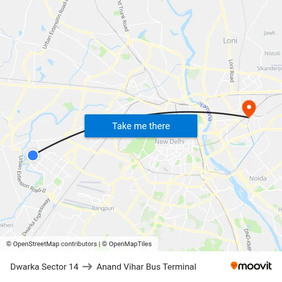 Dwarka Sector 14 to Anand Vihar Bus Terminal map
