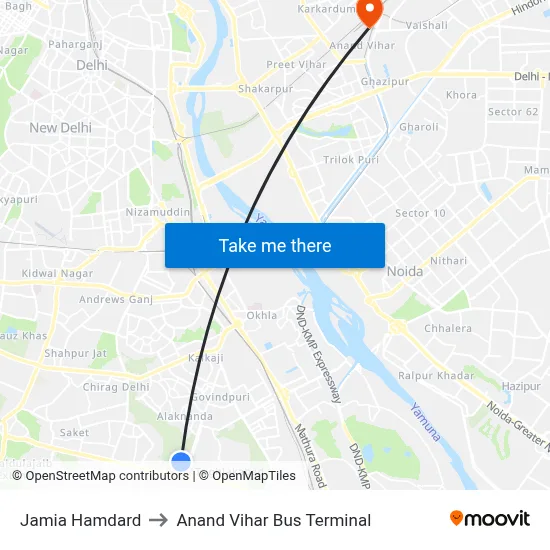 Jamia Hamdard to Anand Vihar Bus Terminal map