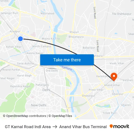 GT Karnal Road Indl Area to Anand Vihar Bus Terminal map